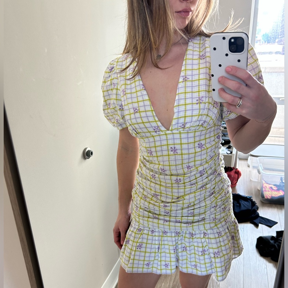 Zara White and Yellow Gingham Mini Dress with Lilac Floral Print